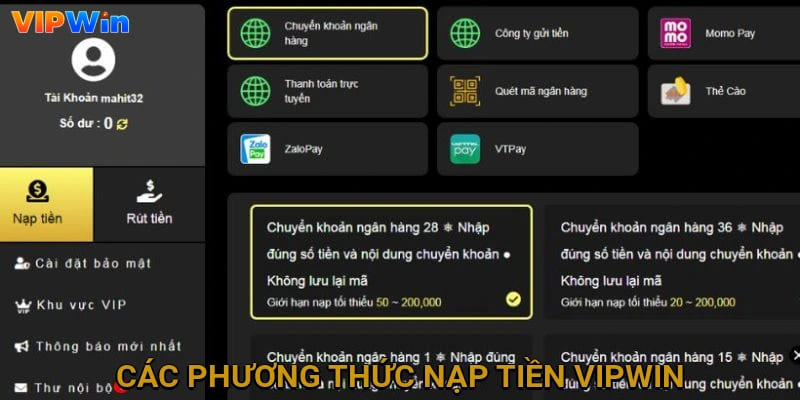 Những phương thức nạp tiền Vipwin mới nhất